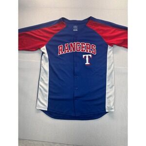 Texas Rangers MLB Button Up Jersey Blue Red White Genuine Merchandise XL 18-20